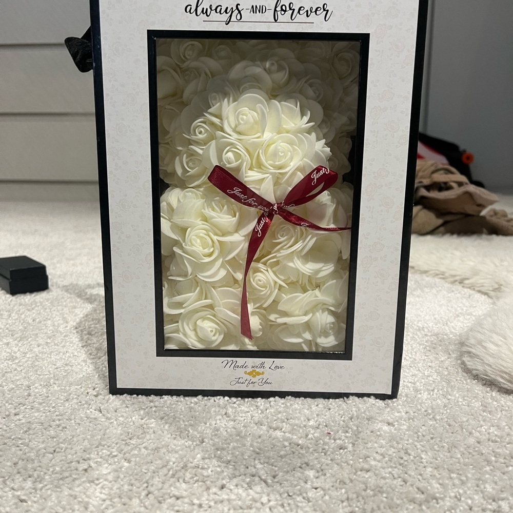 Ivory Rose Bear Gift Box with Red Ribbon
